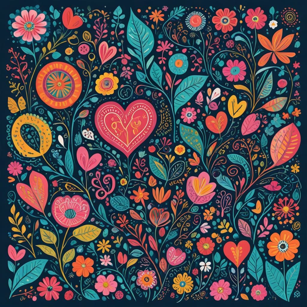 Vibrant Whimsical Heart-Shaped Card with Colorful Doodles