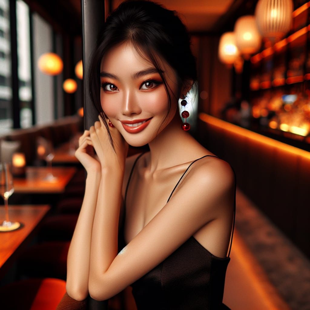 Elegant Woman in Black Dress with Red Accessories