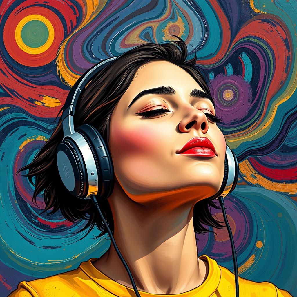 Woman Enjoys Music in Abstract Expressionist Style