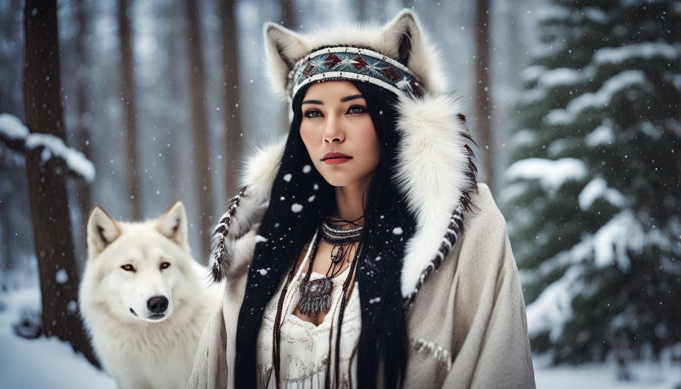 Native American Woman and White Wolf in Winter