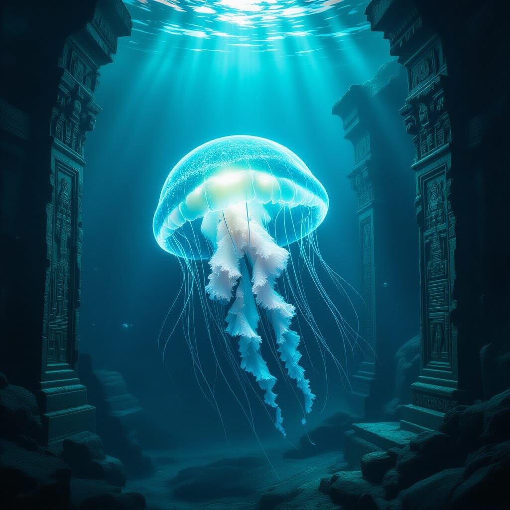 Bioluminescent Jellyfish in Ancient Submerged Ruins