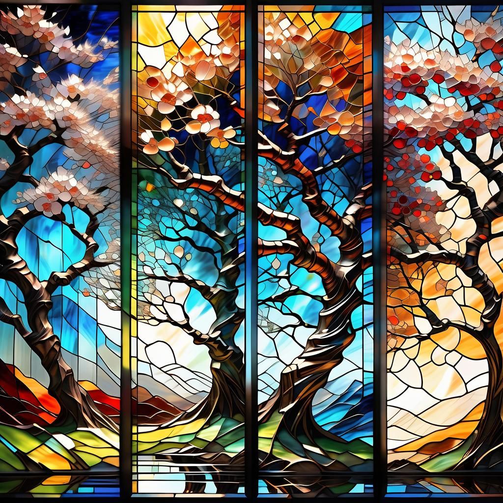 Cherry Tree Stained Glass Panels in Geometric Fauvism