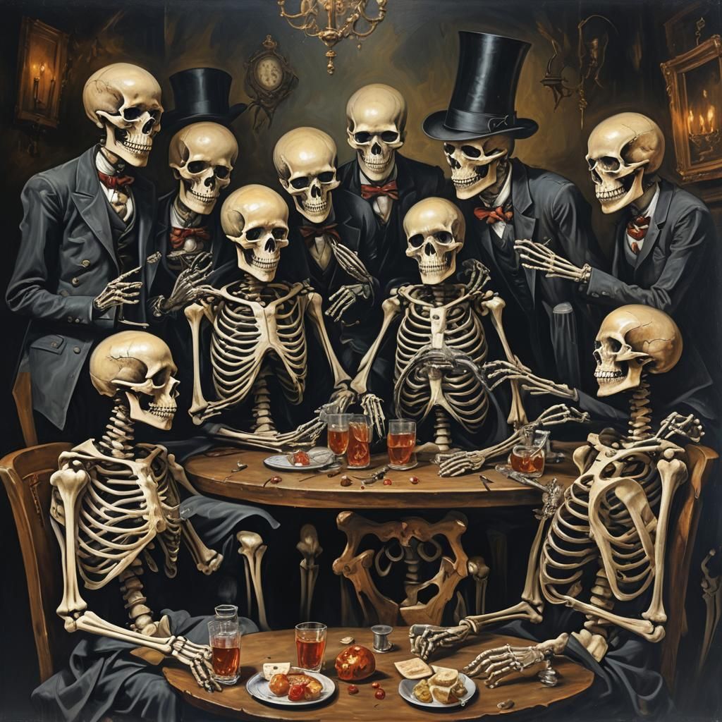 Skeletons' Macabre Gathering: A Vanitas-Inspired Still Life