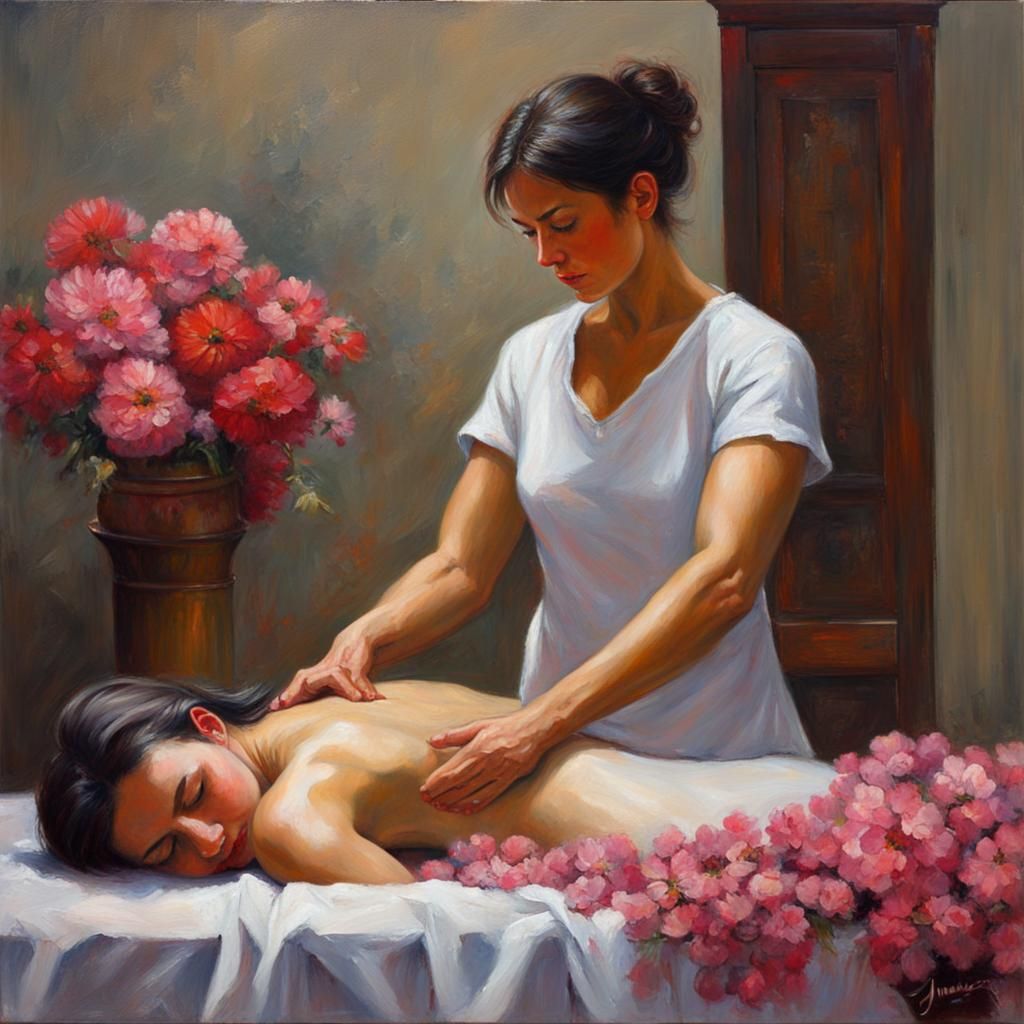 Floral Woman Receives Massage in Oil Painting