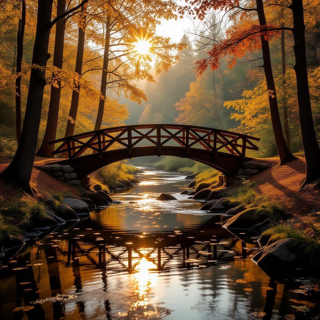 Golden Hour Forest Bridge Over Stream