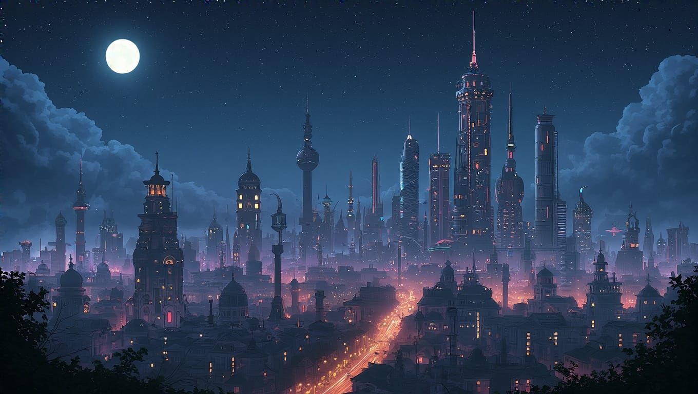 Vibrant Solarpunk Metropolis Illuminates Midnight Sky