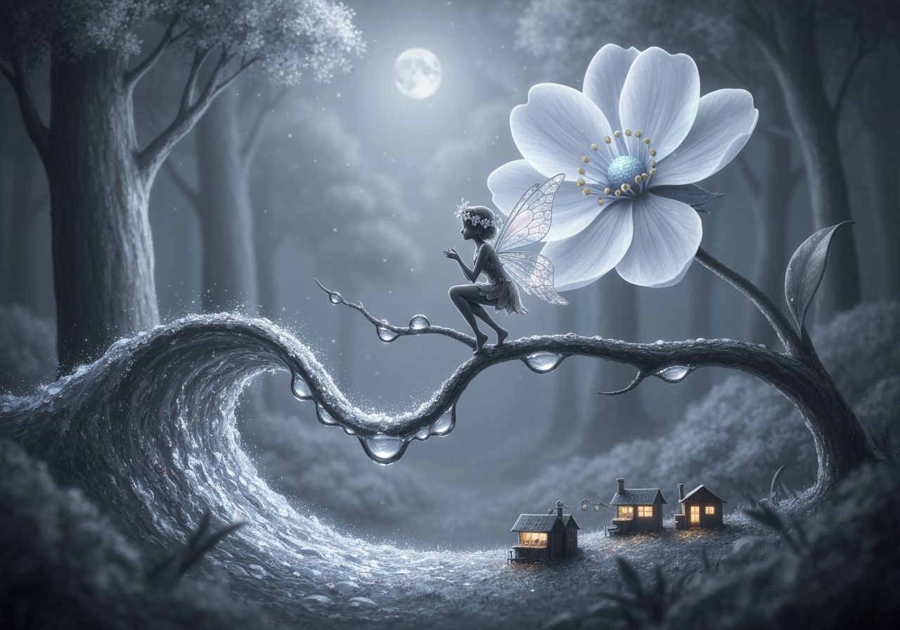 Iridescent Dewdrop Fairy on Bioluminescent Flower