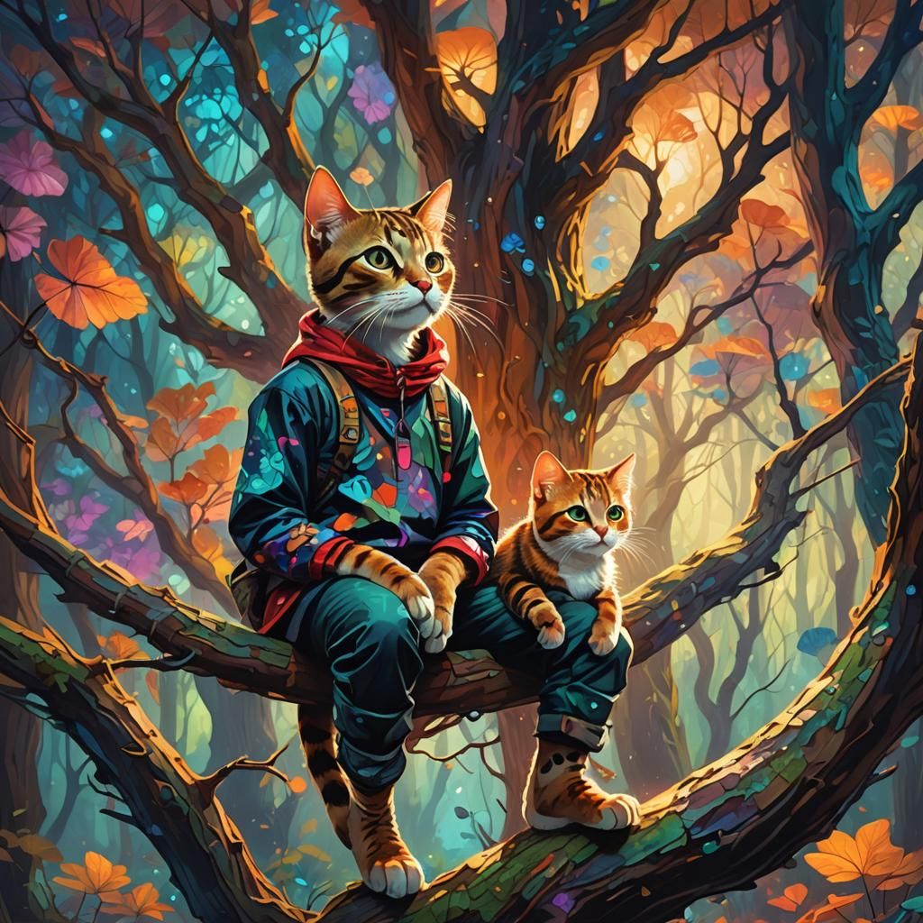 Cat Boy in Mystical Forest: Digital Oil Painting