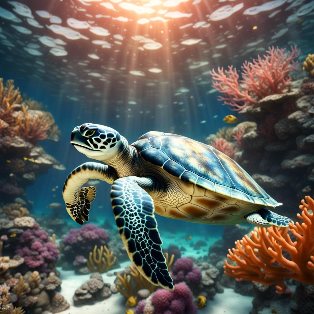 Sea Turtle in Coral Reef: Fantasy Concept Art