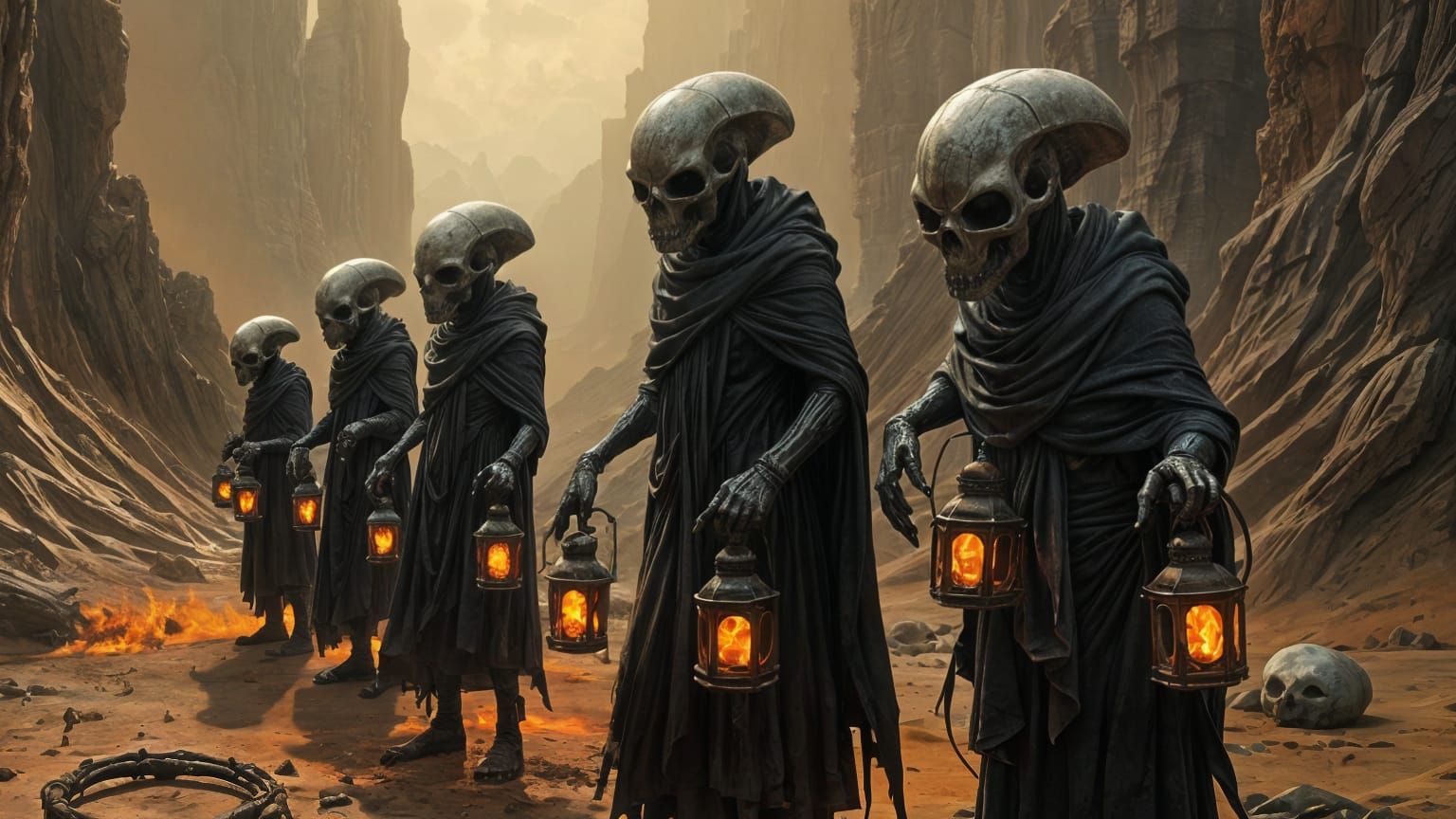 Alien Figures with Skull Lanterns in Barlowe Style