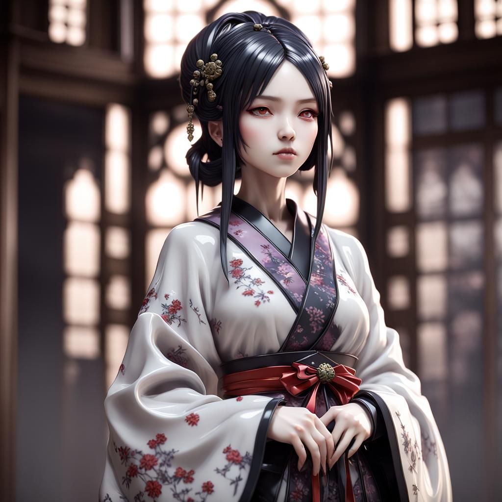 Enameled Glass Japanese Gothic Figurine: 3D Anime Art