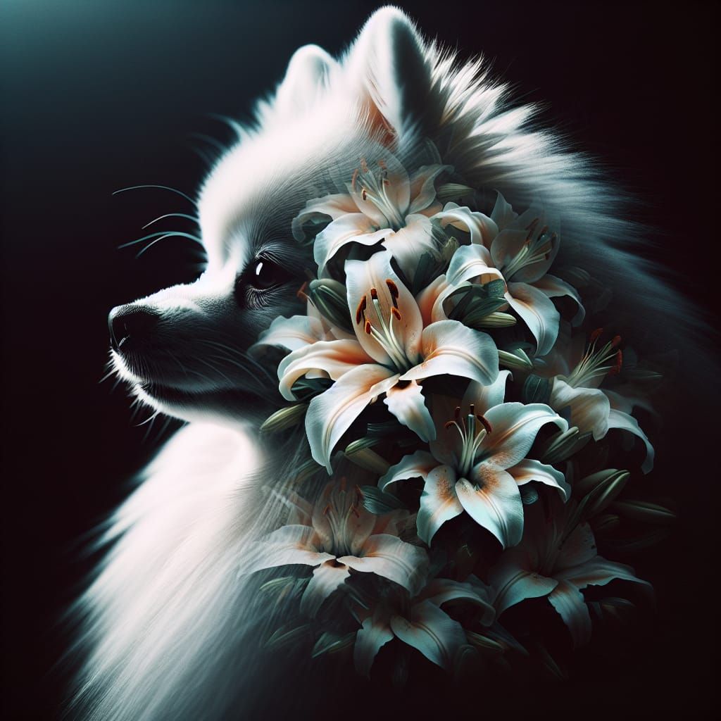 White on white pomeranian and lillies
