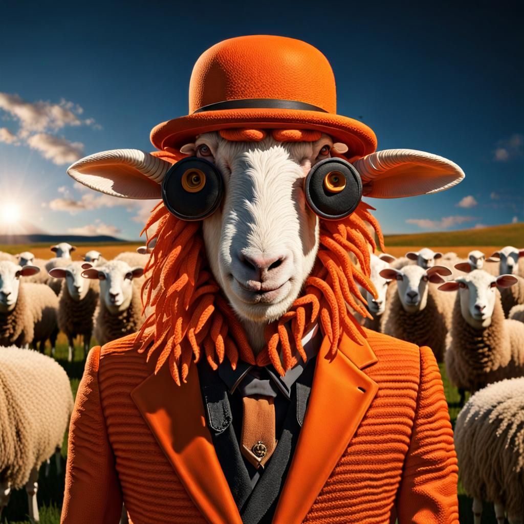 Anthropomorphic Sheep with Dreadlocks in Orange Suit