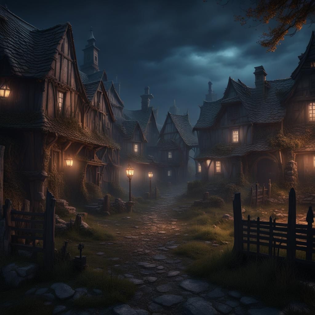 Haunted Village at Night in Detailed Matte Painting