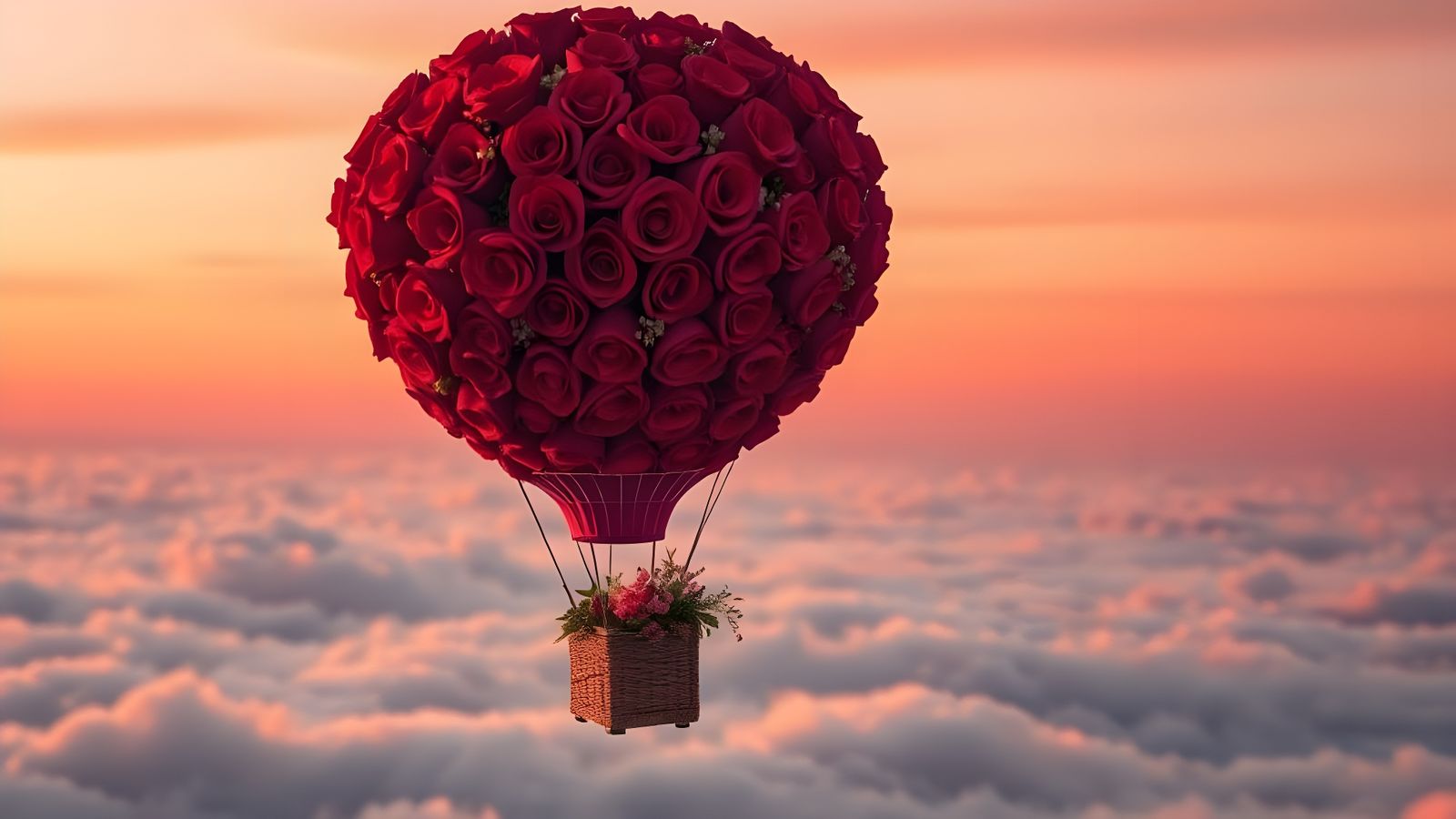 Surreal Red Rose Hot Air Balloon Soars Through Sunset Sky