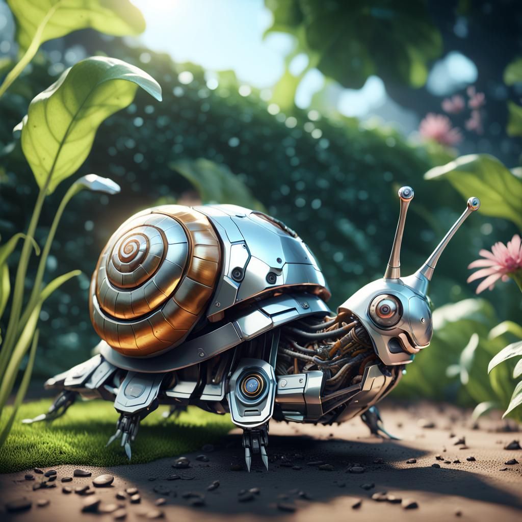 Futuristic Robot Snail in a Sci-Fi Garden