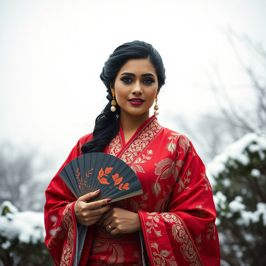 Stunning Hindu Woman in Kimono in Winter Garden