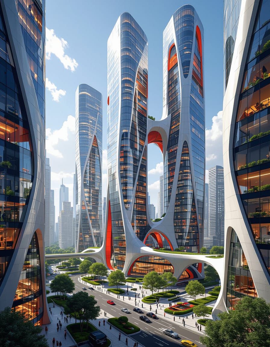 Futuristic Organic Skyscrapers with Glass and Red Aluminum
