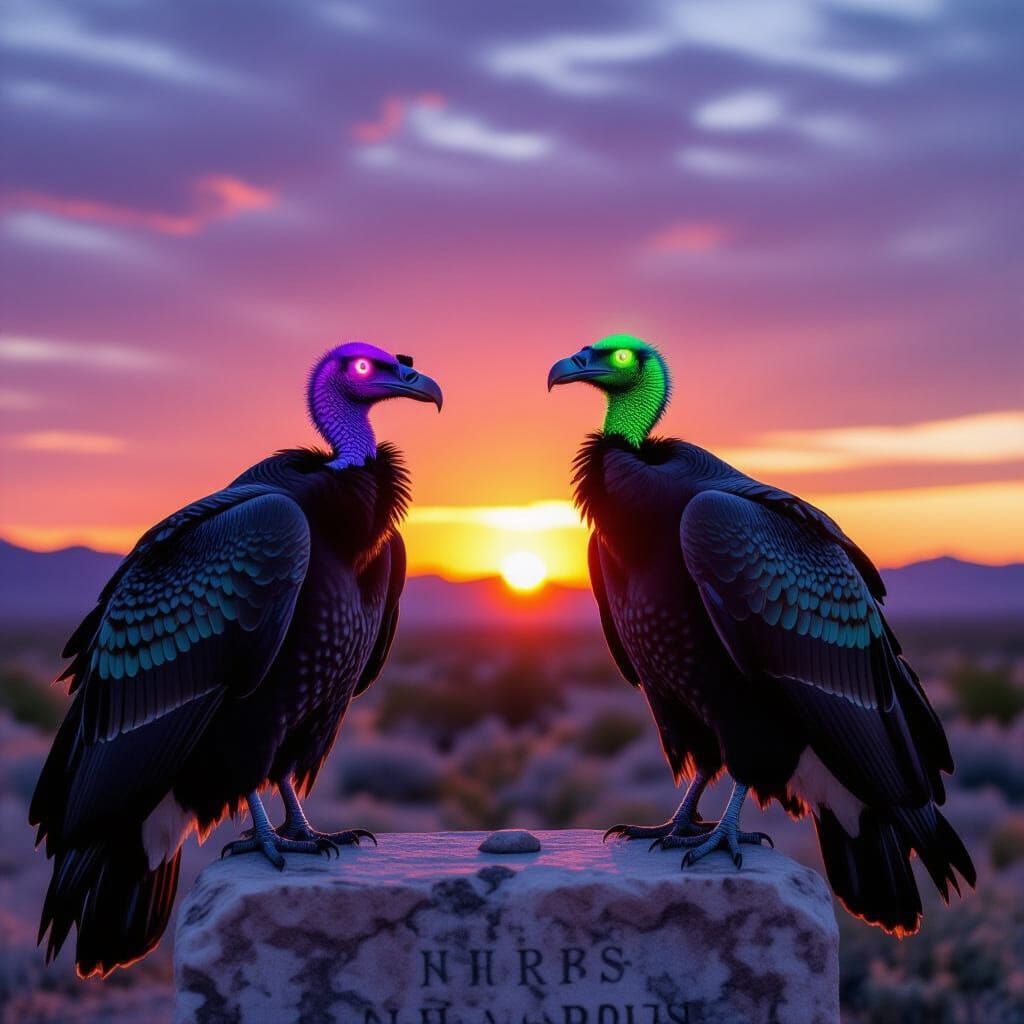 Neon-Eyed Vultures on Desert Tombstone at Sunset