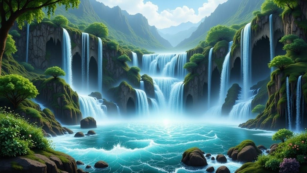 Cascading Waterfalls and Lush Greenery
