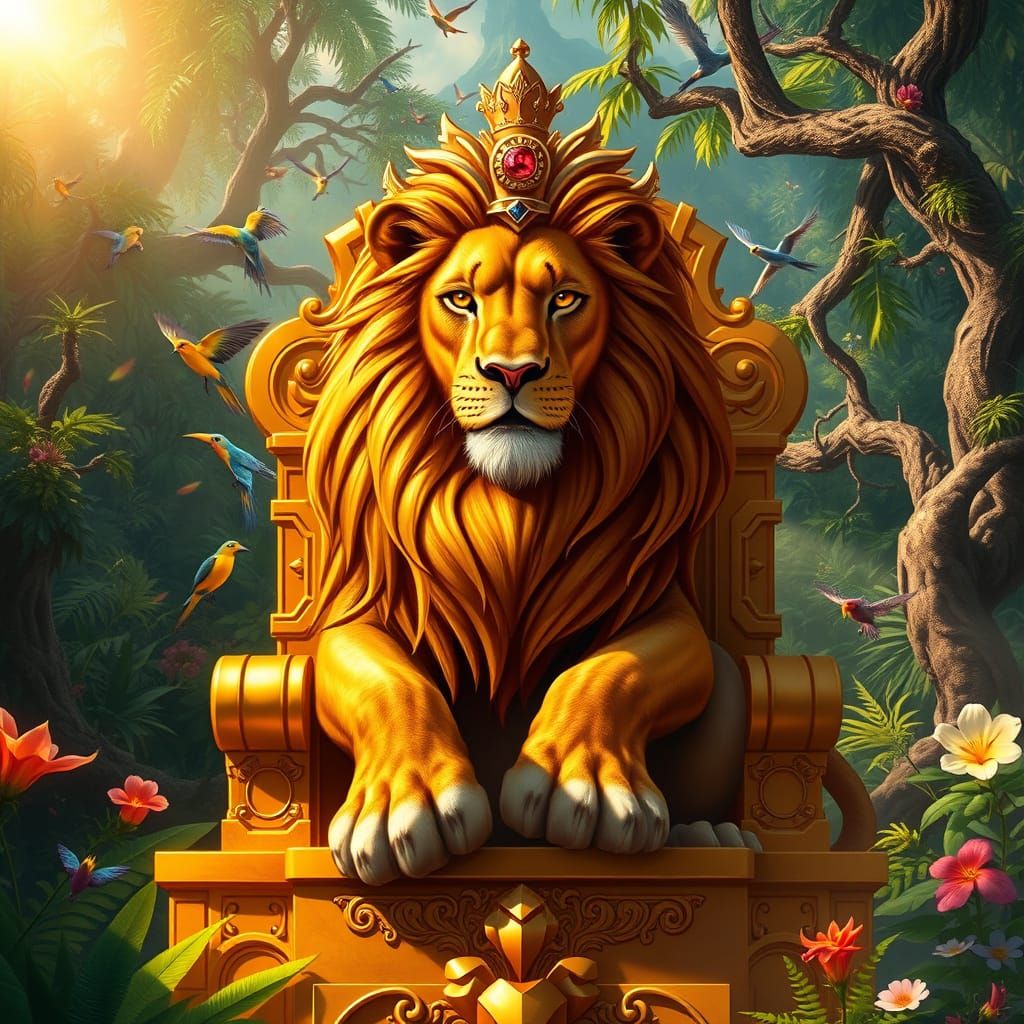 Regal Lion Reigns Over Golden Jungle Throne