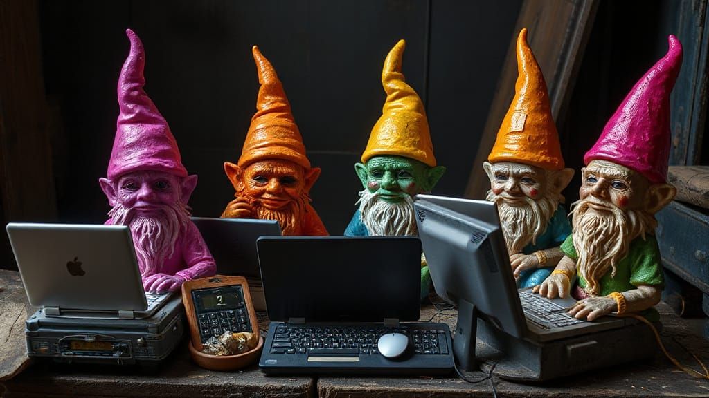 Creepy Garden Gnomes Hard at Work: Dali meets Burton