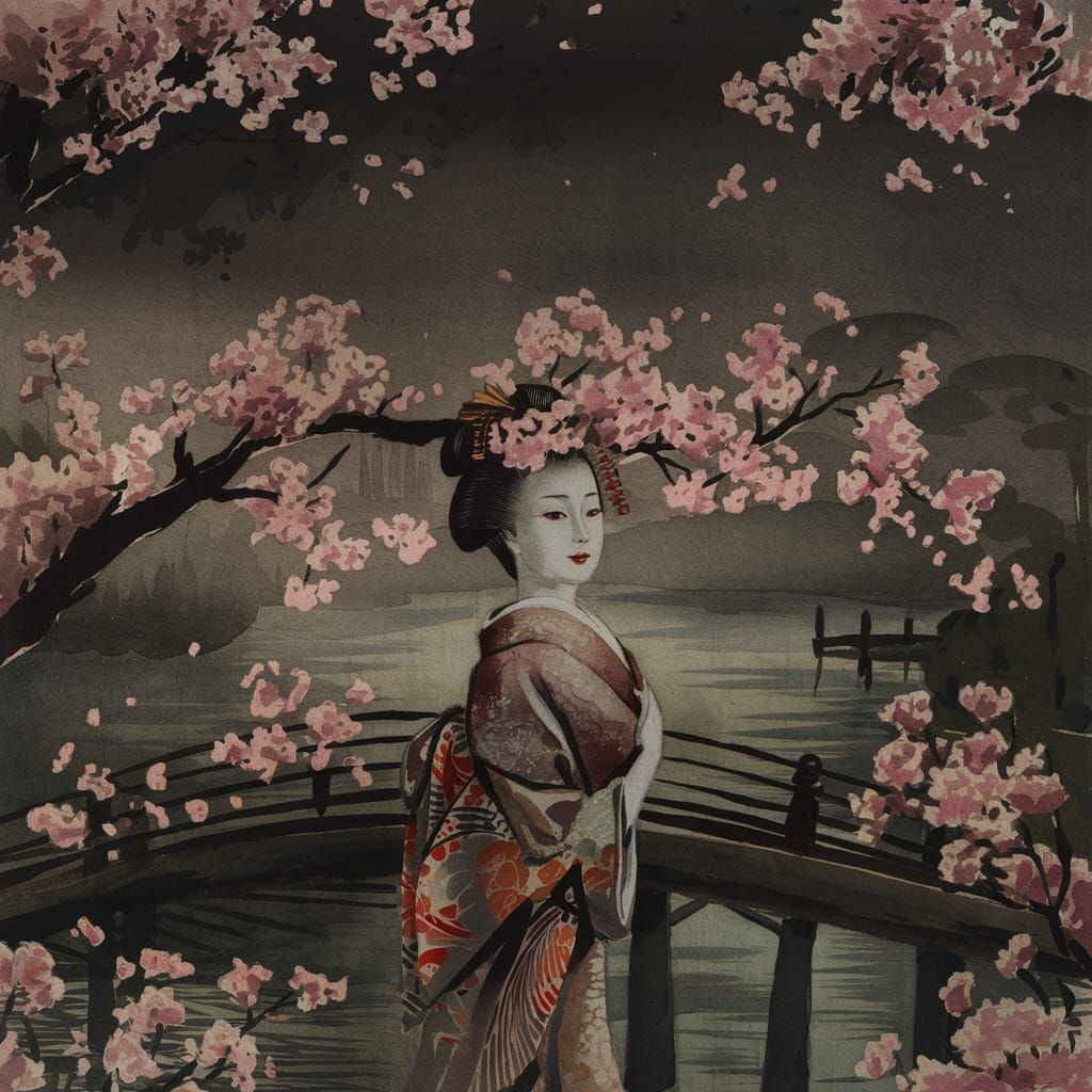 Geisha Under Cherry Blossom Branch: Ukiyo-e Watercolor