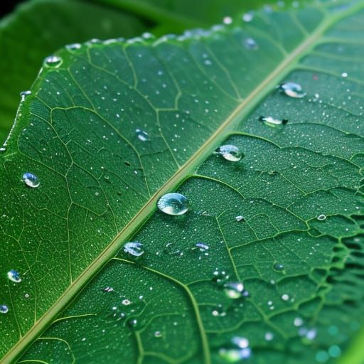 Hyperrealistic Macro Photo of Water Droplets on Leaf