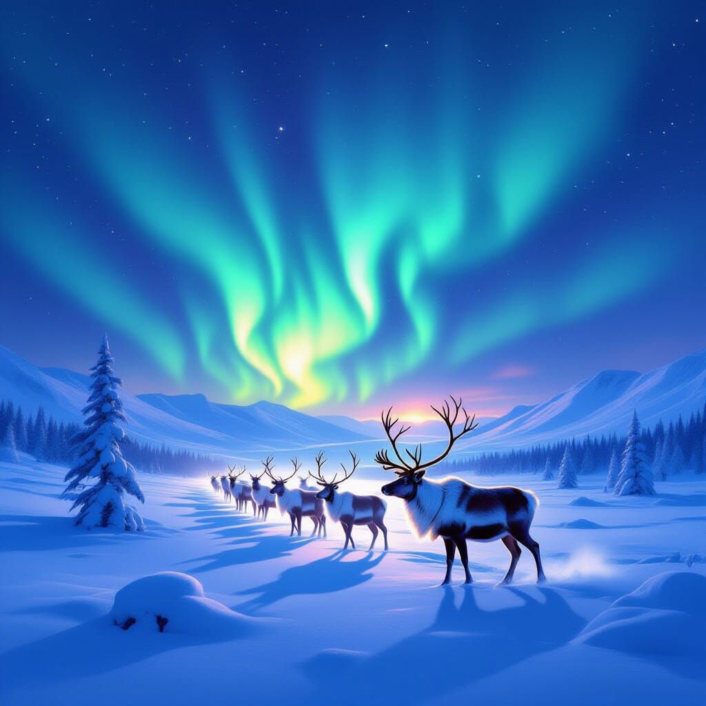 Reindeer Herd Under Aurora Borealis in Lappish Landscape