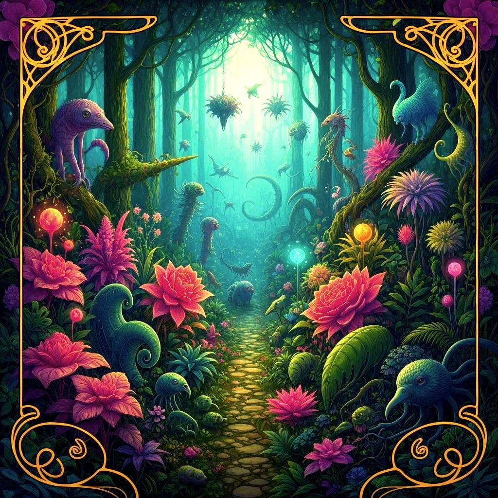 Enchanted Forest with Magical Creatures in Art Nouveau Style