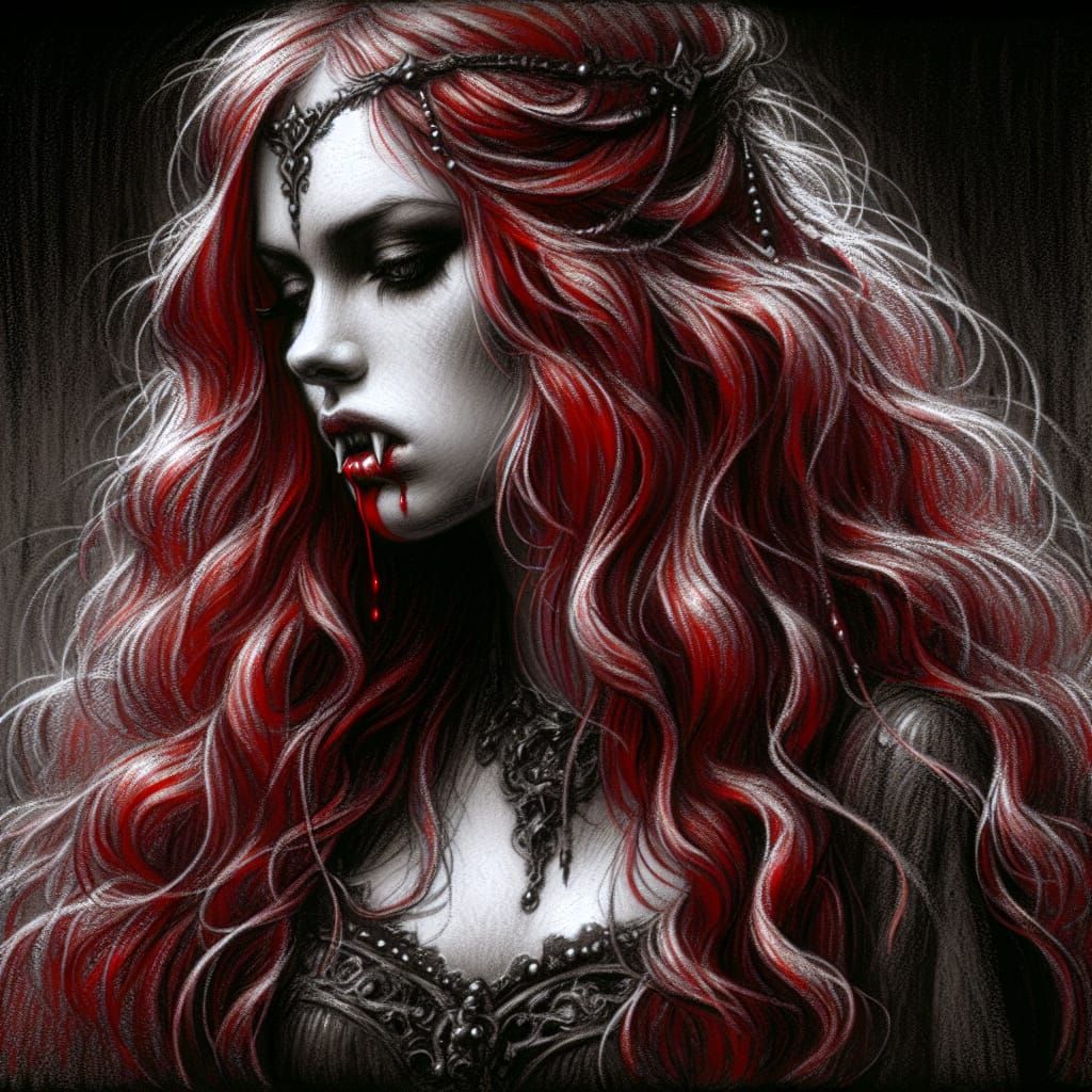 Celtic Vampire Princess in Gothic Charcoal Drawing