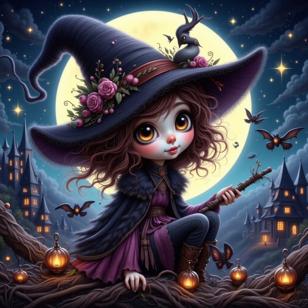 Cute Witch with Big Eyes on Moonlit Night