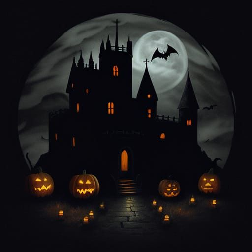 Eerie Gothic Halloween Window Scene Illuminated by Candles a...