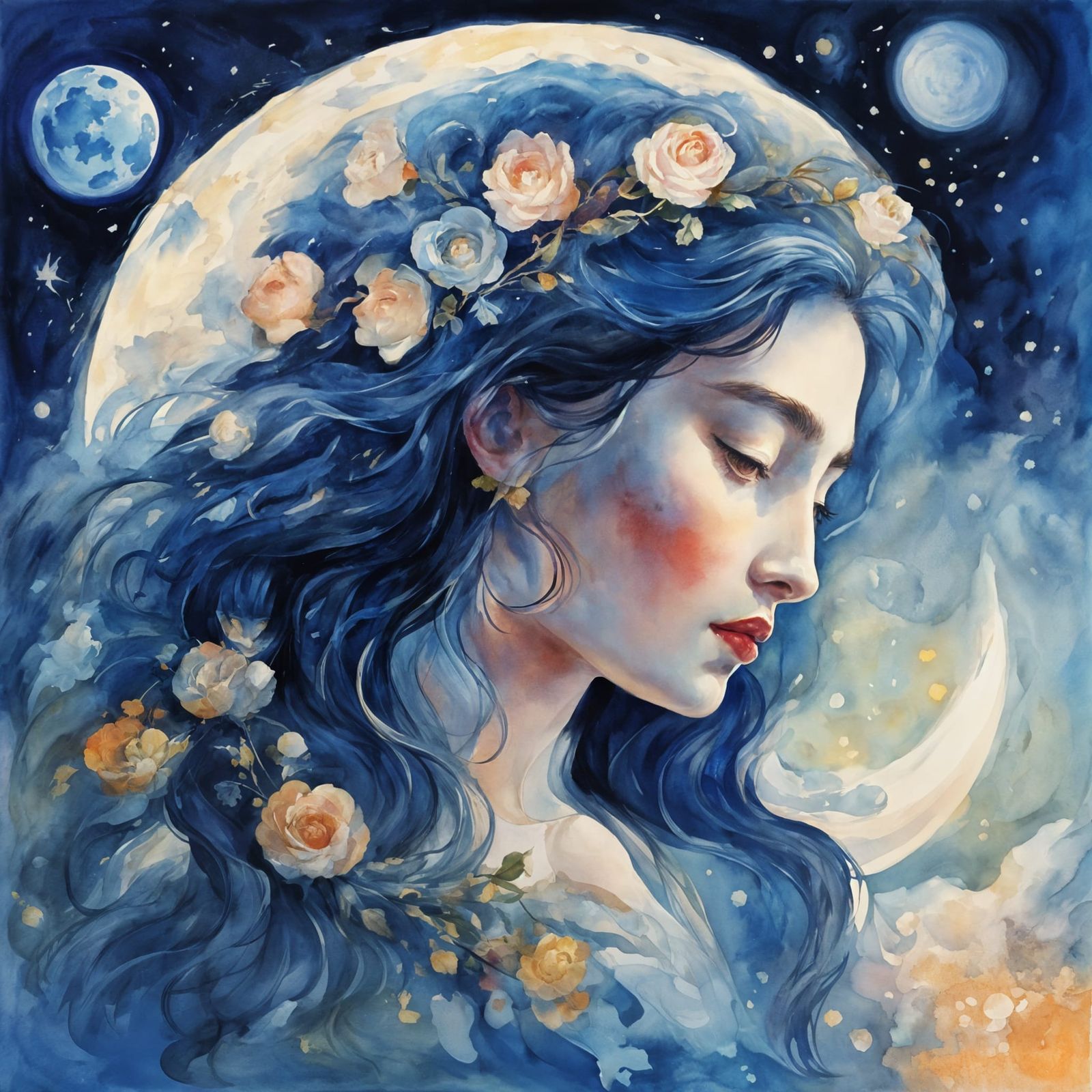 Ethereal Goddess of Moon in Vibrant Gouache