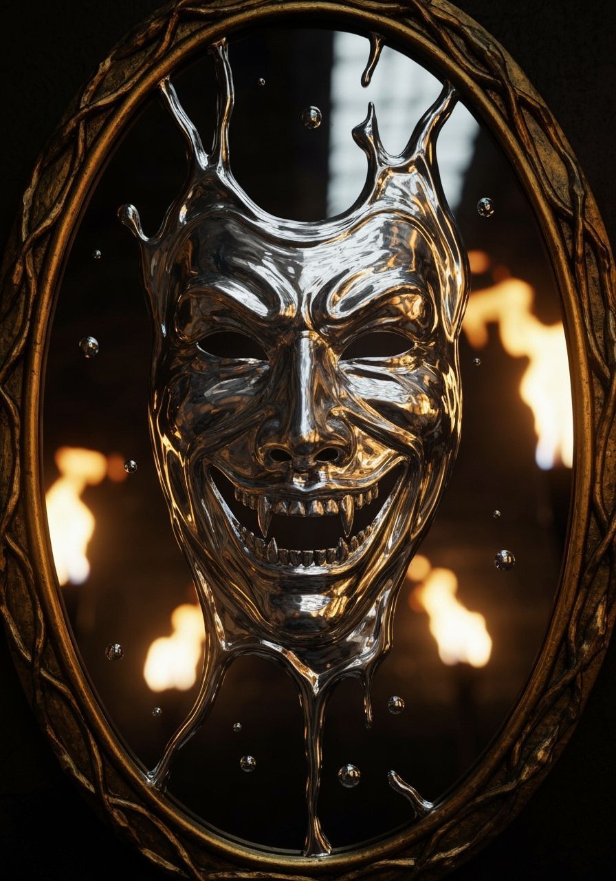 Sinister Victorian Mirror Reflects Eerie Mask in Dungeon Lai...