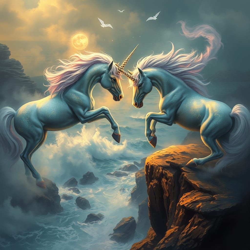 Unicorns Clash on a Cliff in Photorealistic Style