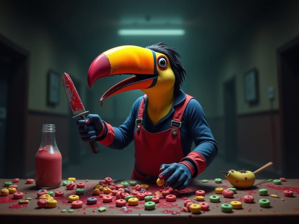 Vicious Toucan in Bloody Horror Scene, 3D Rendered