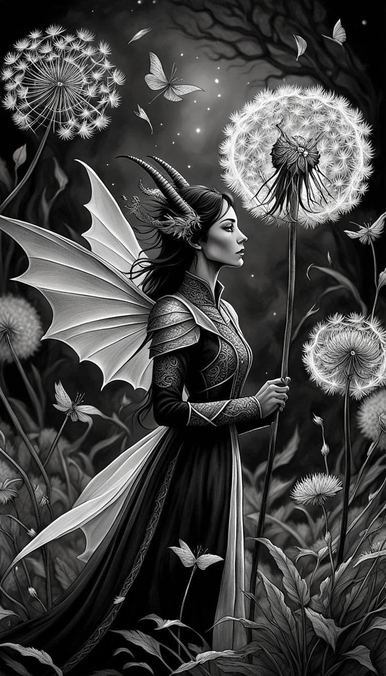 Dragon in Dandelion Field: Black and White Photogram