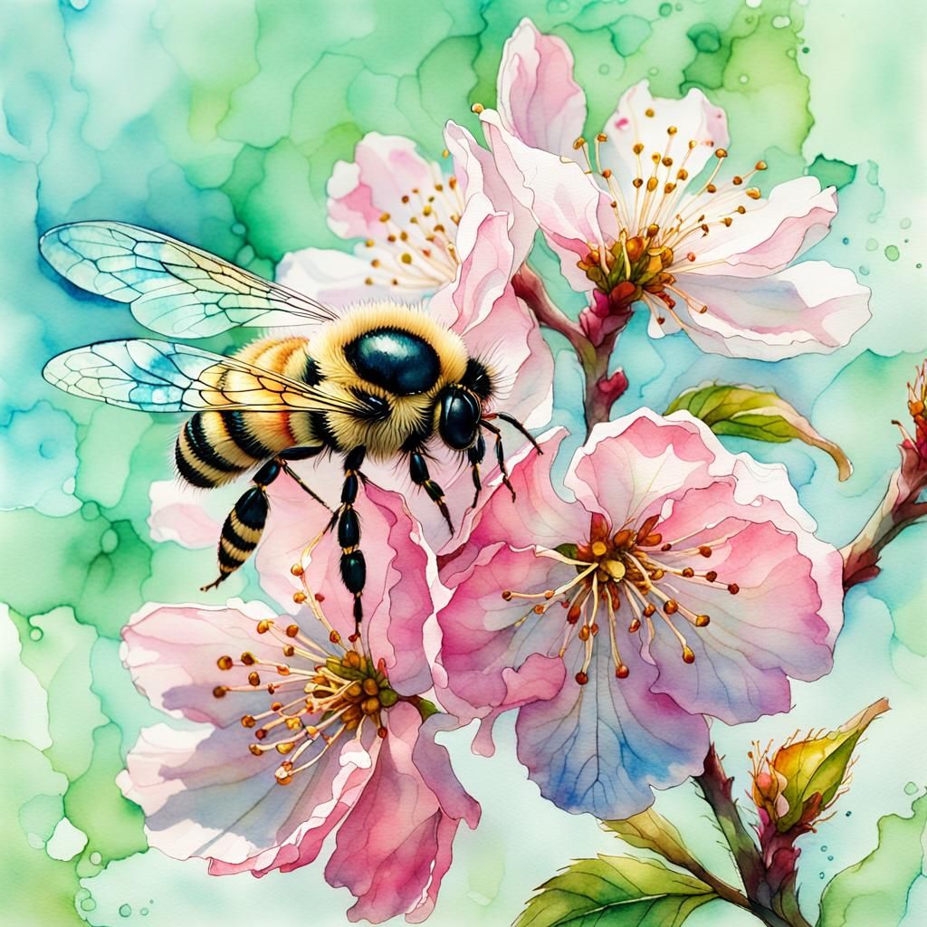 Realistic Cherry Blossom Watercolor with Pollinating Bee