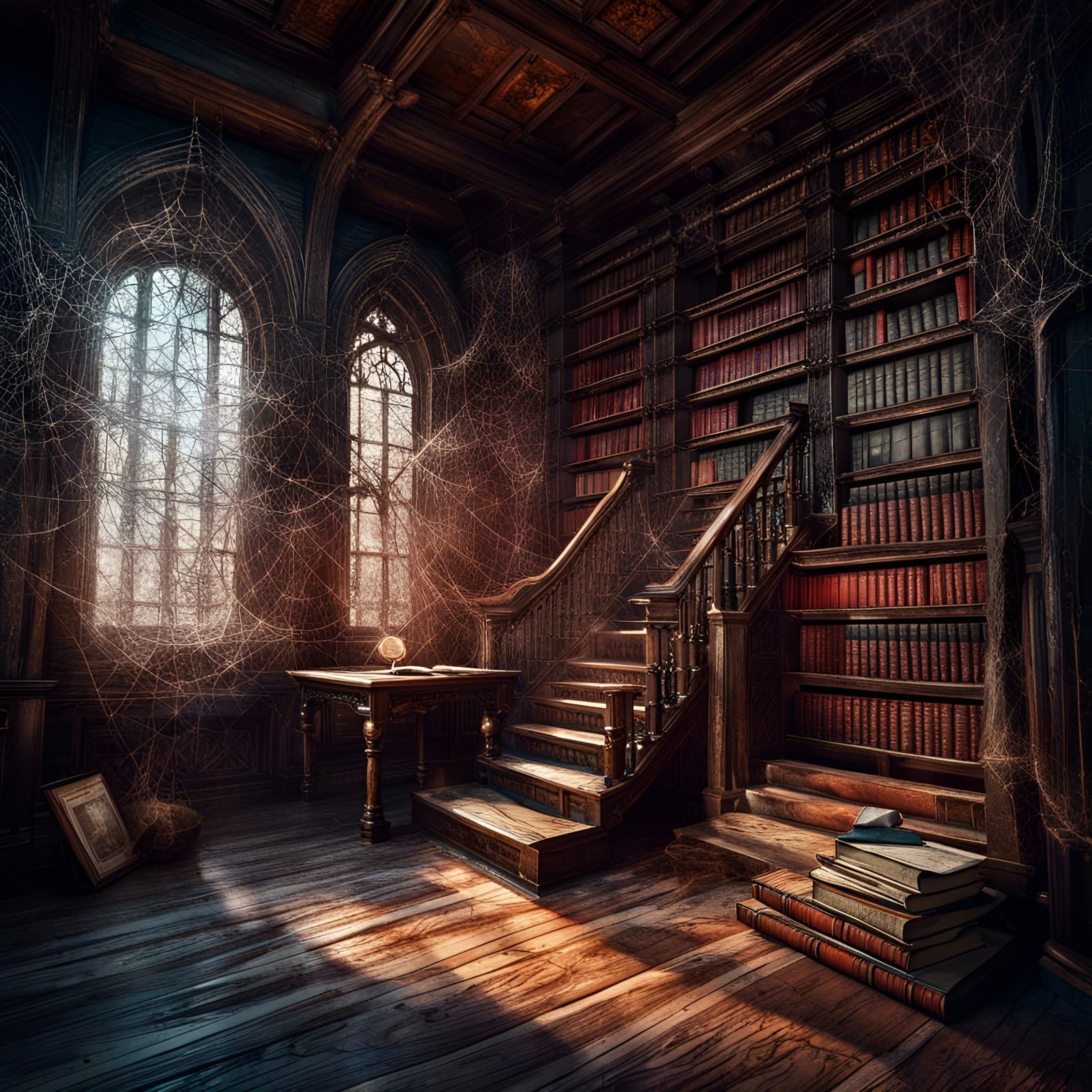 Dusty Old Library Interior with Spiderwebs