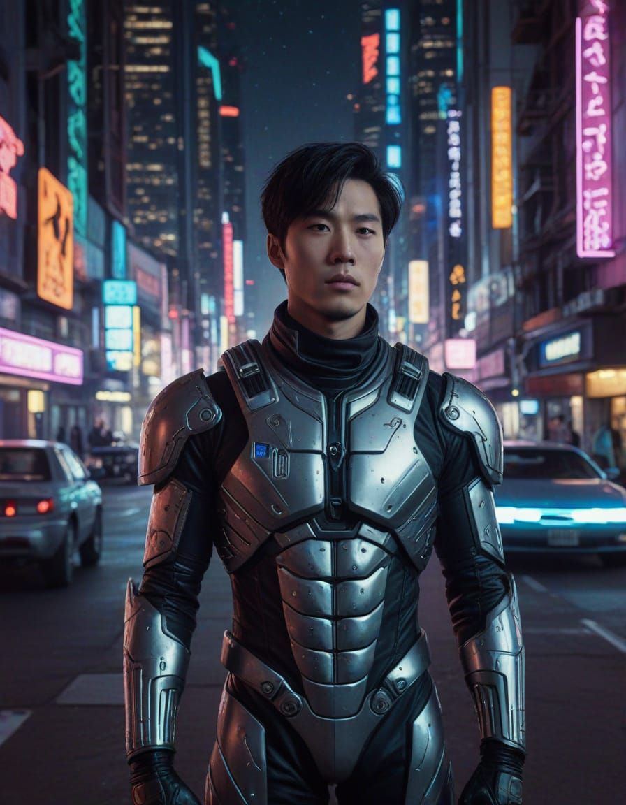 Future Warrior Stands Tall in Neon-Lit Metropolis