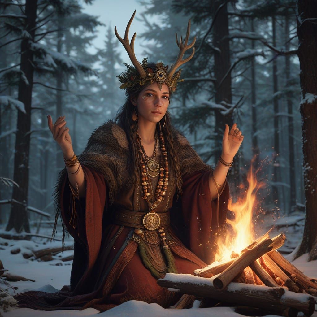 Winter Shamaness Plays Enchanting Flute by Bonfire