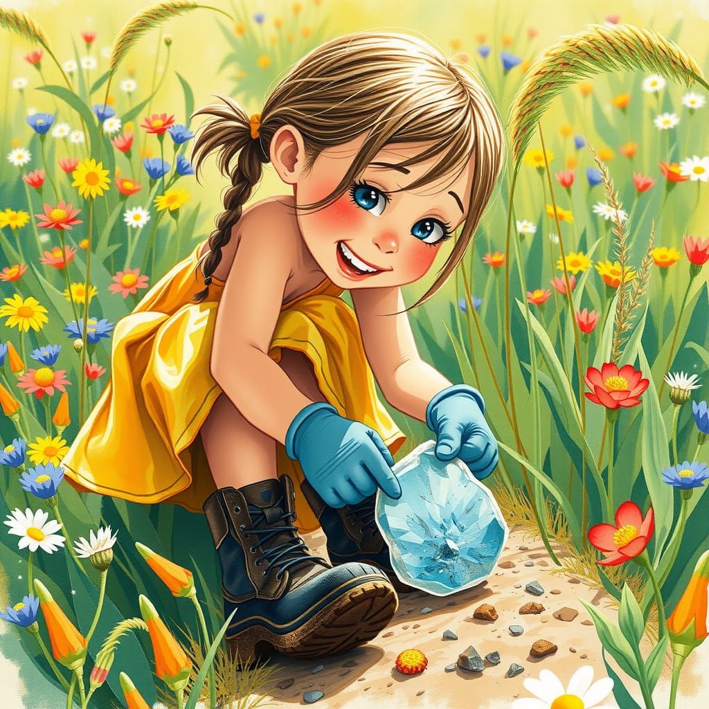 Girl Finds Geode in Wildflower Meadow, Watercolor Style
