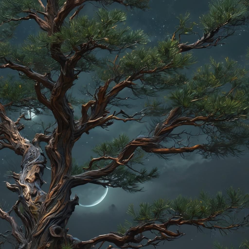 Eerie Pine Tree Swaying in Wind, Digital Painting