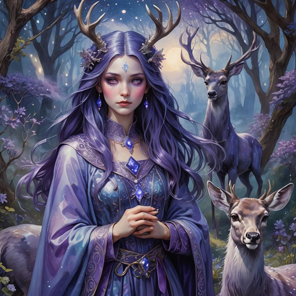 Mystical Maiden with Deer Ears in High-Fantasy Style
