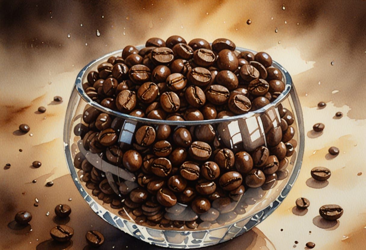 Watercolor Coffee Beans in Crystal Bowl