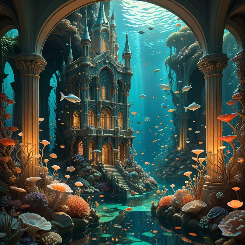 Art Nouveau Underwater Kingdom with Mermaids and Coral Castl...