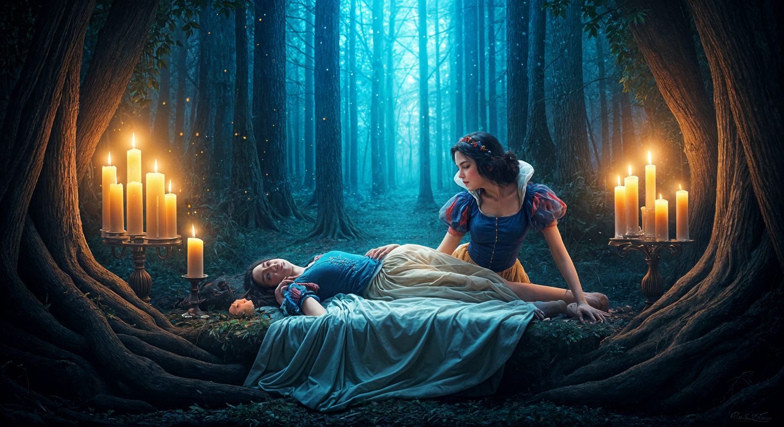 Snow White Kissed Awake in Ethereal Forest