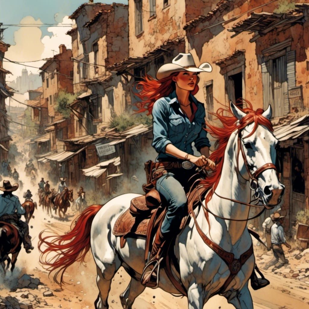 Red-Haired Cowgirl on Horse in Comic Book Art
