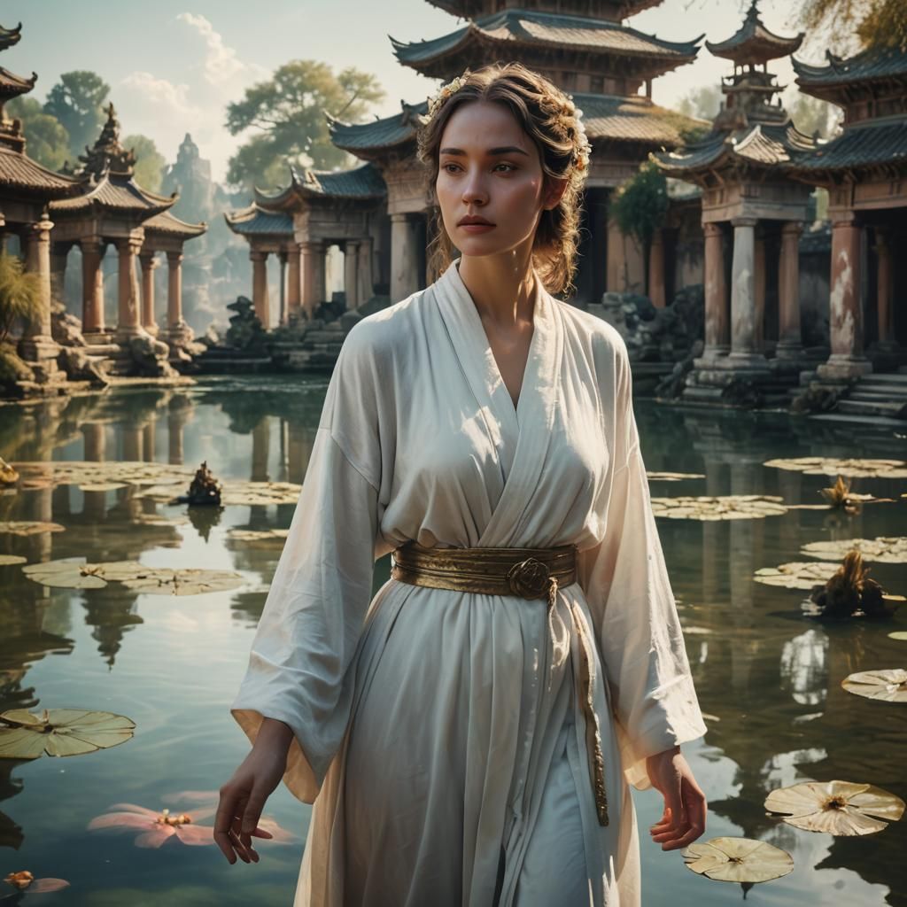 Ancient Girl Bathing in Pond: Surrealist Matte Painting